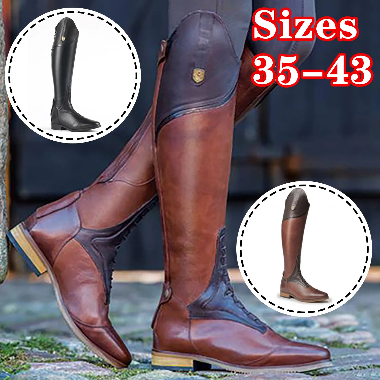 

Women's Equestrian Boots Leather Knee High Shoes Vintage Horse Riding Boots Autumn Winter Mountain Riding Boots Botas Mujer