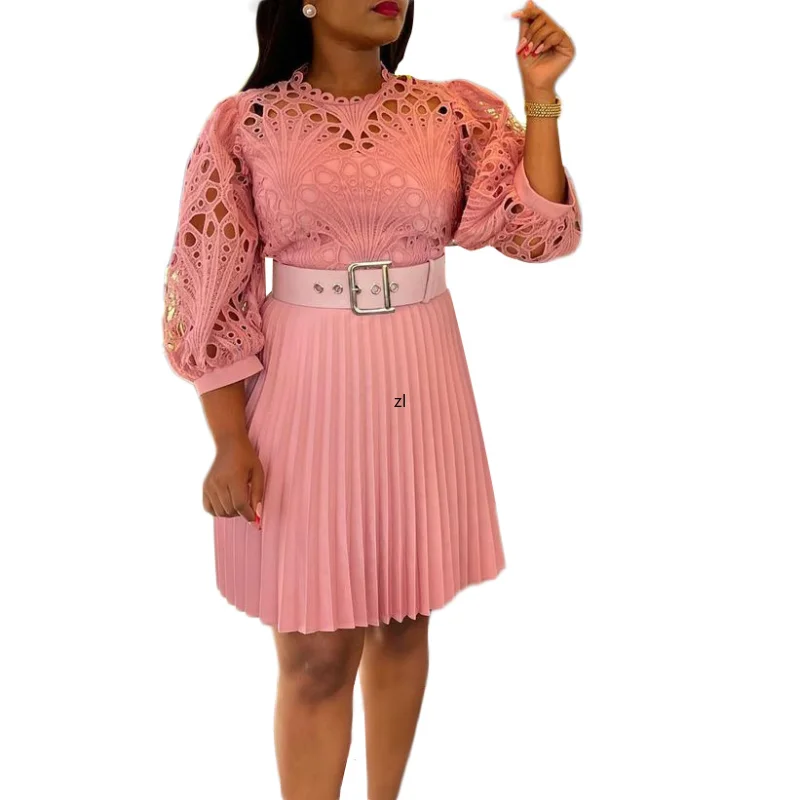 

Lace Crochet Hollow Pleated Dress New Solid Color African Dresses For Women Puff Sleeve Elegant Party Short Dress Vestidos 2023