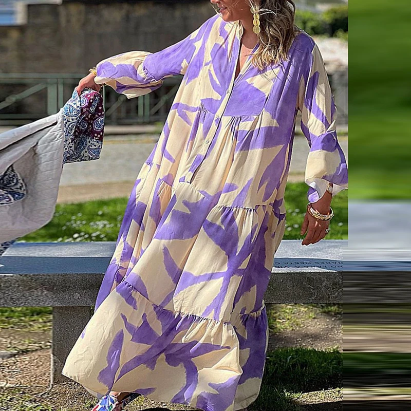 

2023 Women Loose Bohemian Beach Dress Casual Graphic Single Breasted Big Hem Dresses Lady Long Sleeve V-neck Print Party Dress