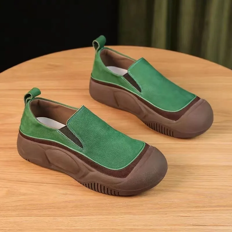 

2023 Spring and Autumn New Round Head Color Matching Set Wearing Leather Fashionable Women's Versatile Flat Sole Single Shoe