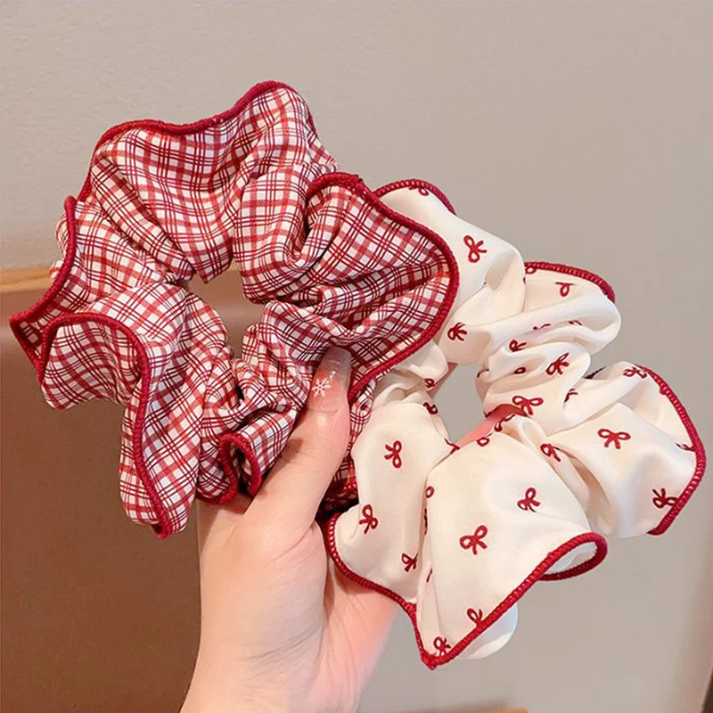 2/3 pçs high end vermelho bonito dot xadrez scrunchies para mulheres meninas macio elástico laços de cabelo suave faixas de cabelo moda acessórios para o cabelo