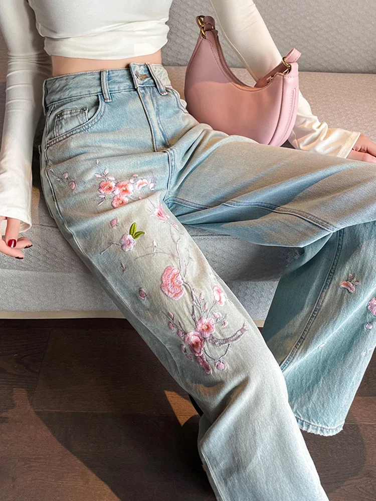 Jean wide leg en denim délavé fille bleu vif