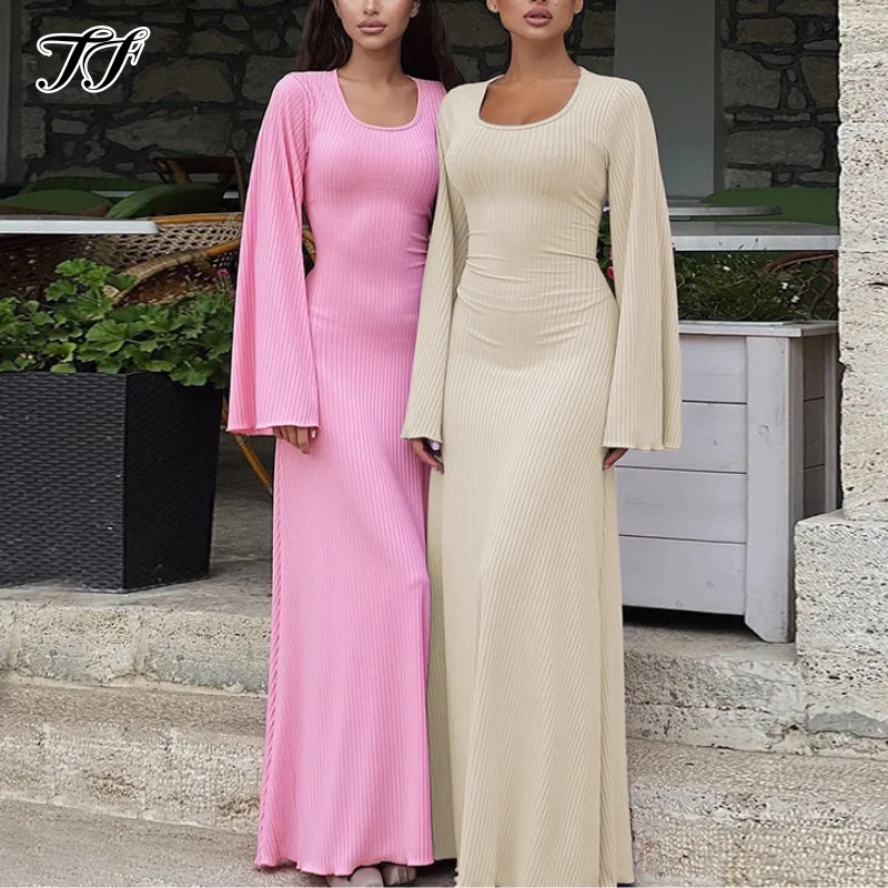 

Autumn Solid Flare Sleeve Maxi Dress Female Fashion Lace-Up Slim Loose Dresses Women Elegant Square Collar Robe Bodycon Dress