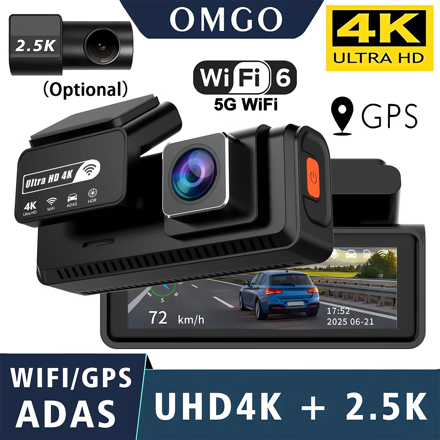 Caméra embarquée ADAS 4K+2.5K GPS WIFI Vision nocturne 24h Mini caméra embarquée avec objectif arrière en option Enregistreur vidéo DVR pour voiture Boîte noire 1 Caméra embarquée ADAS 4K+2.5K GPS WIFI Vision nocturne 24h Mini caméra embarquée avec objectif arrière en option Enregistreur vidéo DVR pour voiture Boîte noire 1