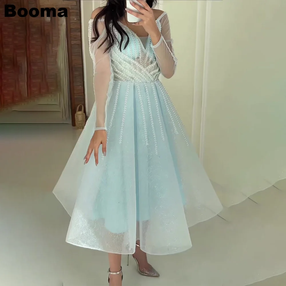 

Женское вечернее платье с открытыми плечами Booma, голубое ТРАПЕЦИЕВИДНОЕ ПЛАТЬЕ с длинными рукавами и бисером, платье до щиколотки для выпускного вечера