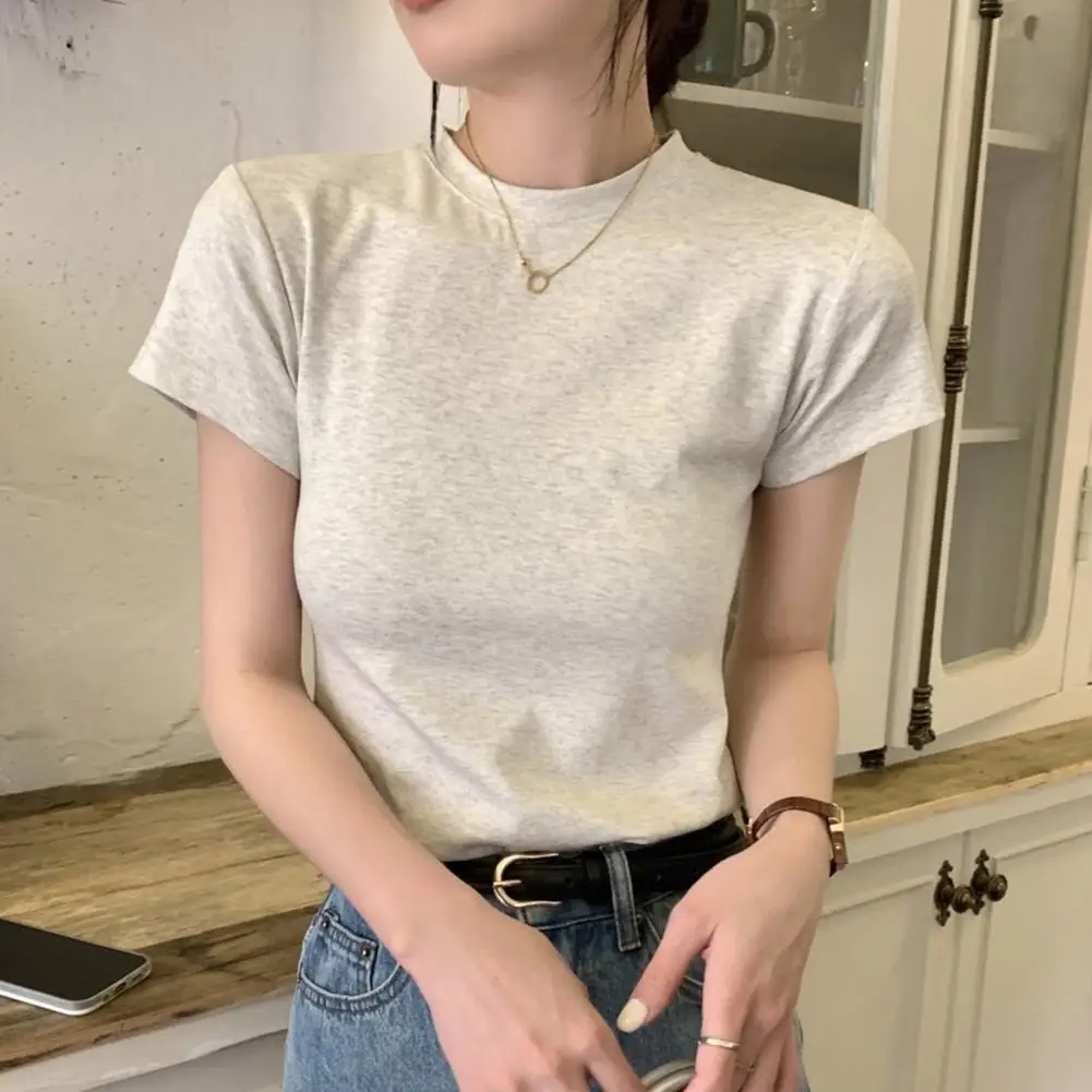 

Slim Fit Round Neck Shirt Stylish Women's Slim Fit T-shirt Soft O-neck Pullover Top Solid Color Stretch Tee Shirt for Streetwear