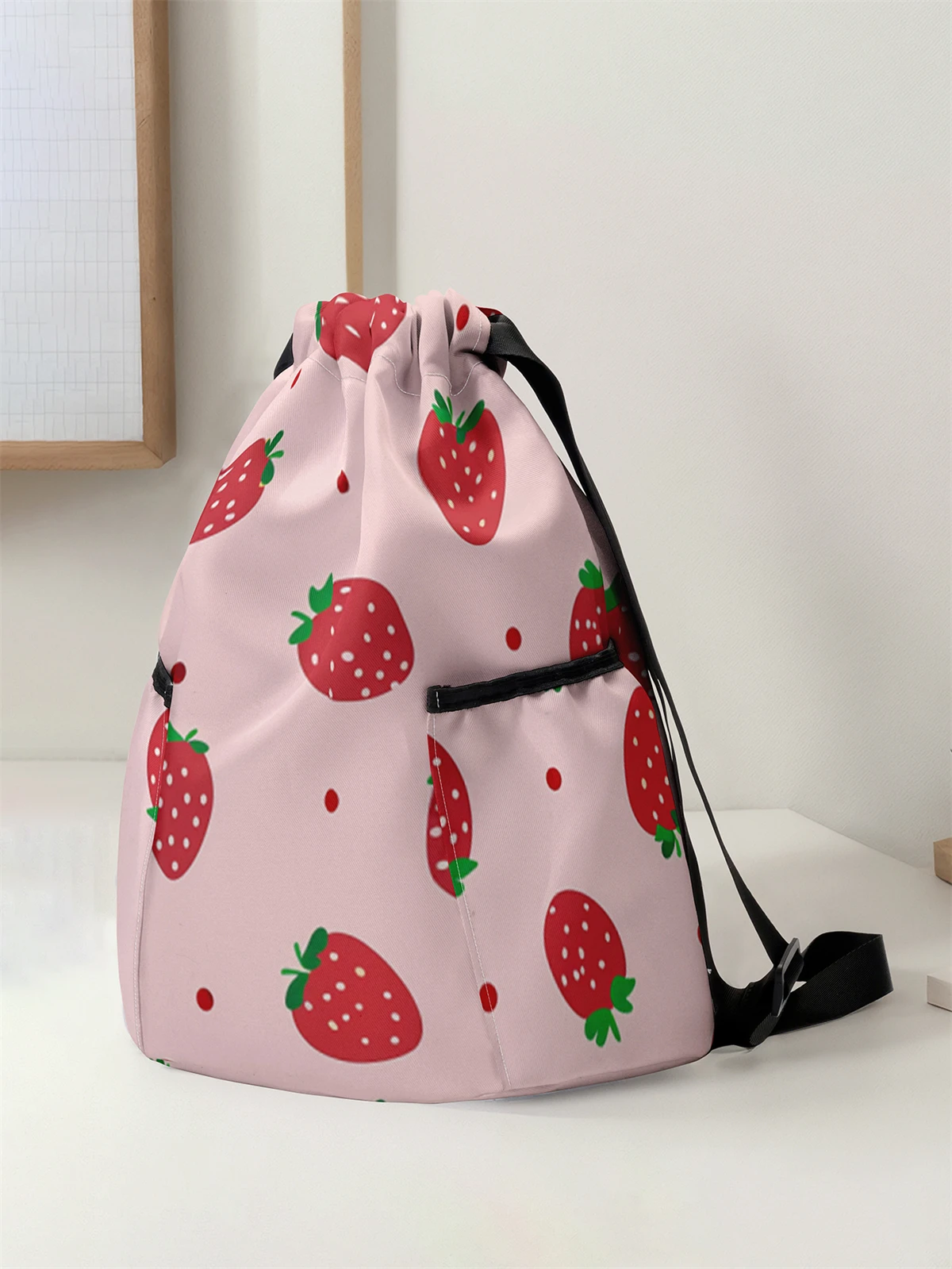 Strawberry Pattern Drawstring Backpack - Large Capacity Durable Fitness Bag, Adjustable Shoulder Straps, Sports Beach Backpack