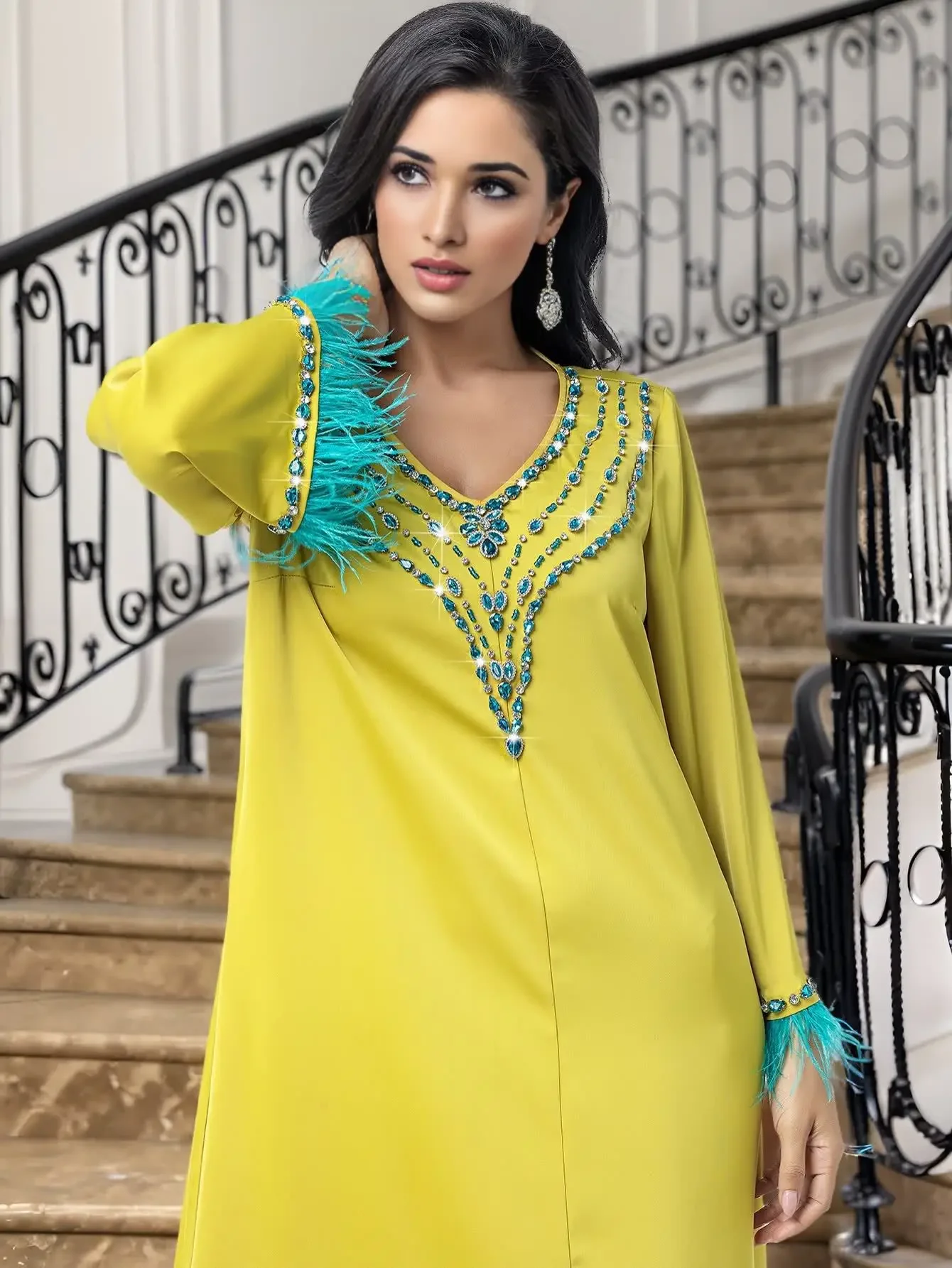 2025 عيد جلابة مسلم الماس رداء خليط ريشة المرأة فس...