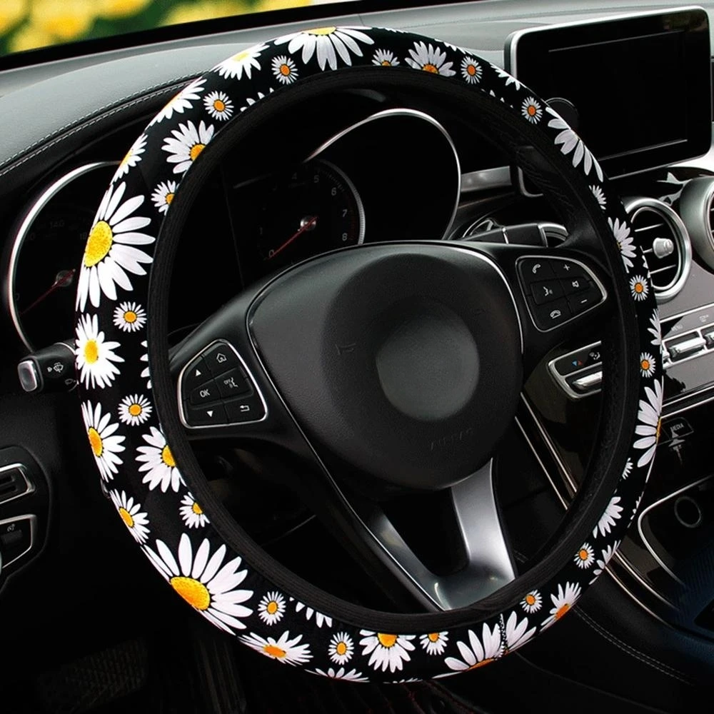

Daisy Flower Steering Wheel Cover for Women Cute Car Decor Accessories 15 Inch Universal Fit