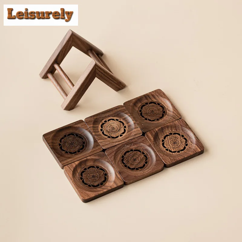 6pc/set Walnut Coasters Lotus Shaped Circular Square Coasters Elegant Cup Mat Coffee Cups Saucer Anti-scald Placemats Cup Holder