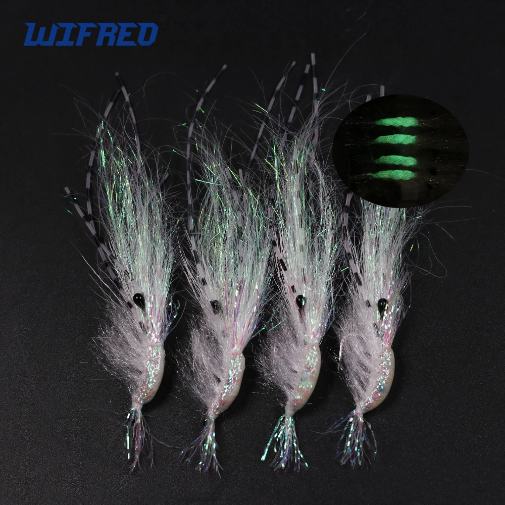 Wifreo 4PCS #2~#10 Luminous Flash Shrimp Fly Saltwater Freshwater Fishing Flies Bass Salmon Steelhead Trout Lures Bait | Спорт и