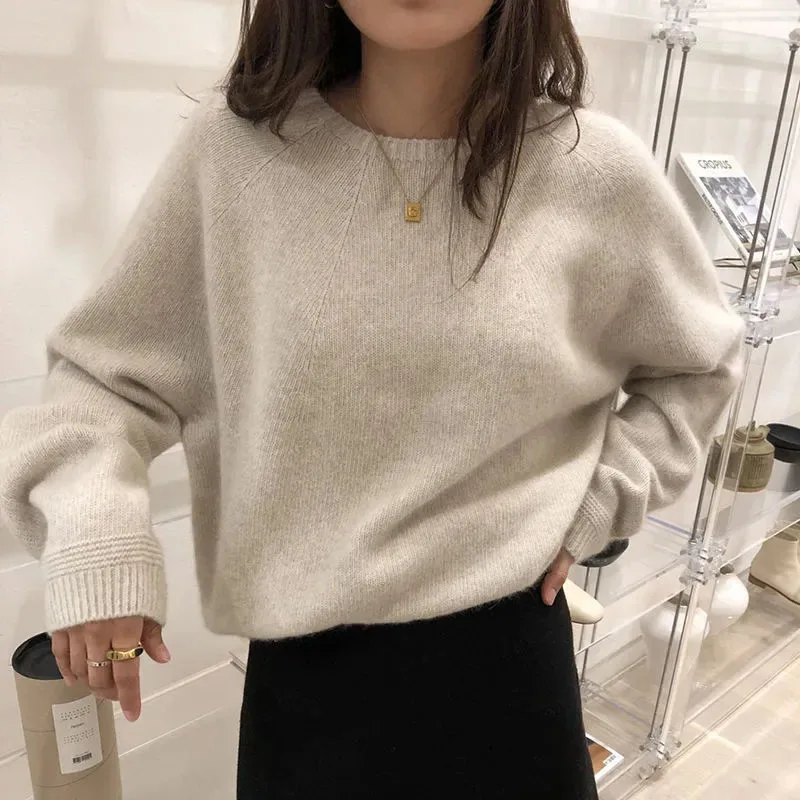 Fall Winter Thicken Warm Cashmere Sweater Women Harajuku Loose Basic O Neck Pullovers Solid Simple All Match Knitwear Jumpers