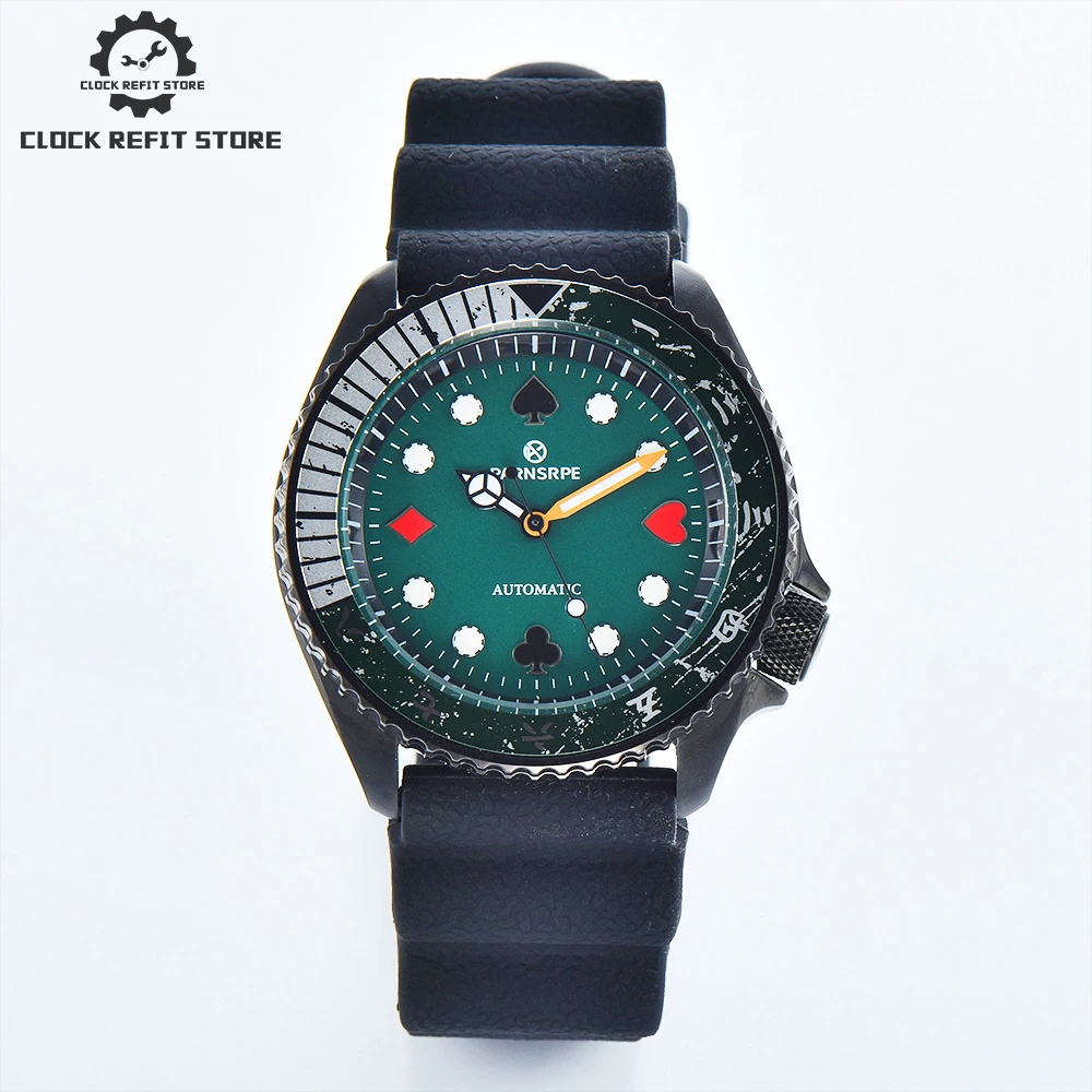 

Parnsrpe - Luxury 42mm Green Poker Men's Watch NH35A Brushed Waterproof Case Sapphire Crystal Stainless Steel Strap