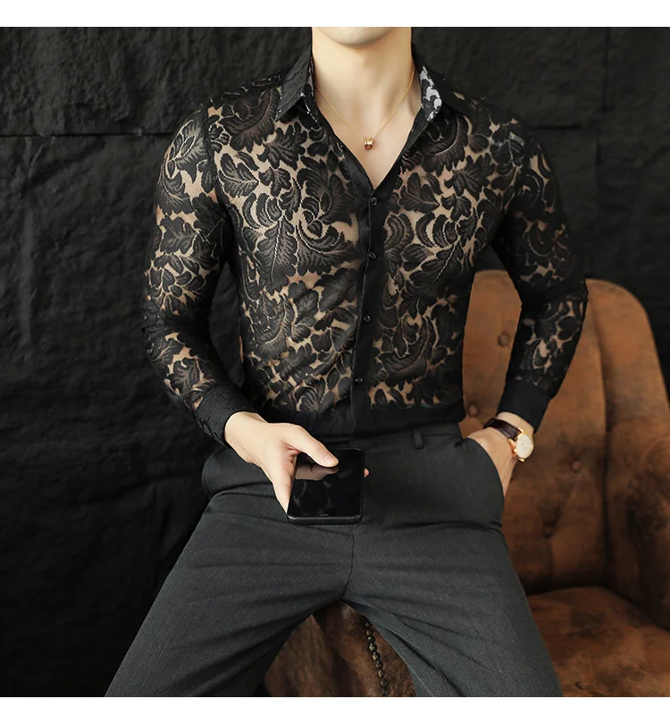Men's Mesh See Through Flower Lace Sheer Shirt Long Sleeve Sexy Slim Shirts  | eBay