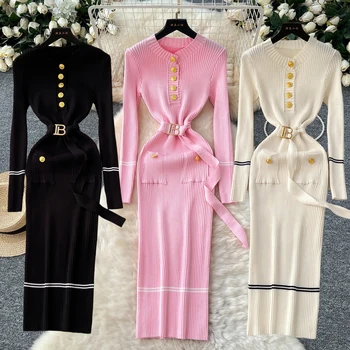 Robe automne hiver femme tricotée sexy ceinture métal