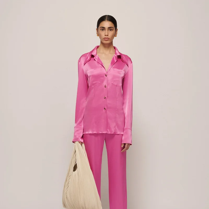 

Women Spring and Summer Special Casual Commuting Lapel Long Sleeve Single Breasted Satin Shirt