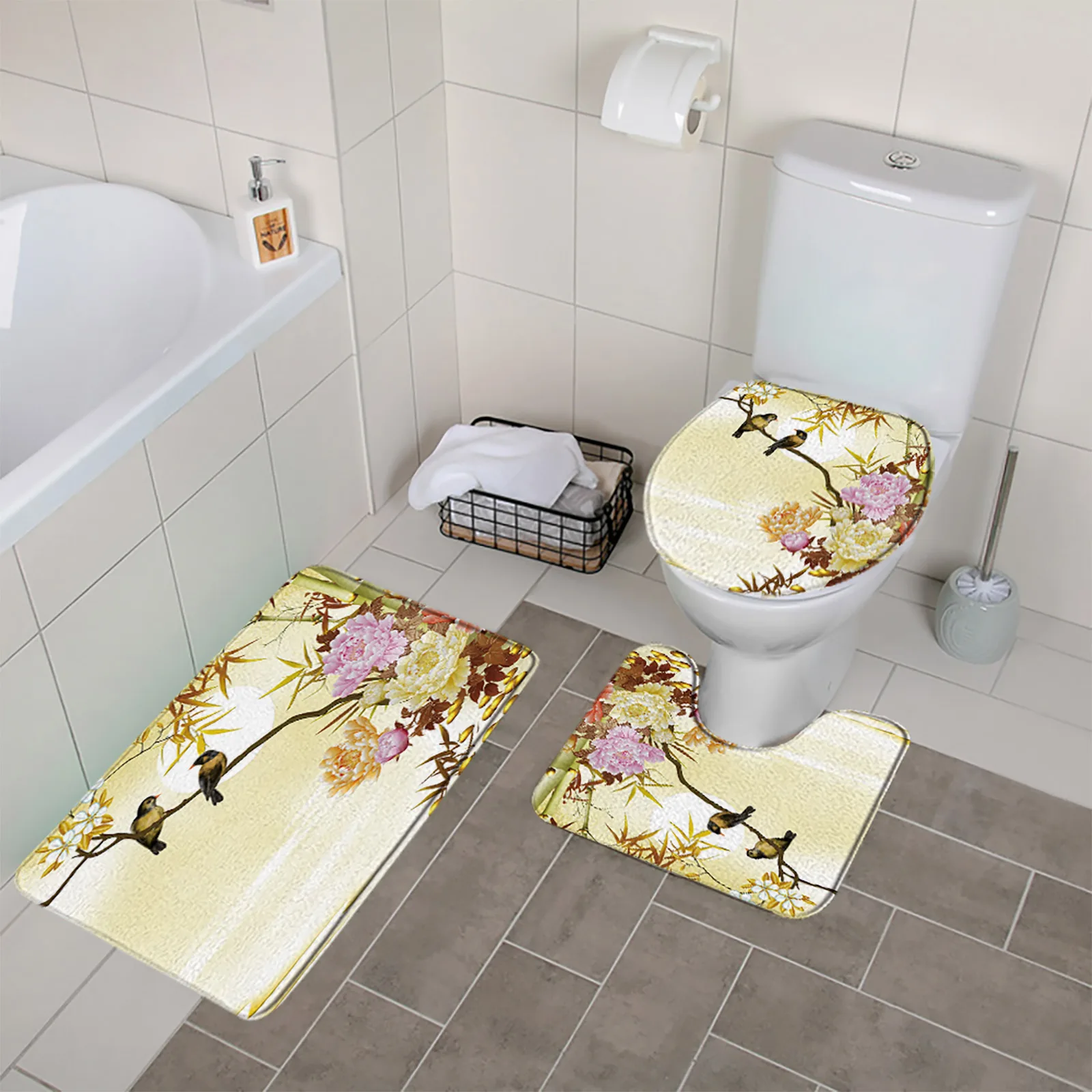 Set of 3 Zen Bathroom Rugs White Flowers Green Bamboo Stone Scenery Low  Pile Memory Foam Bath Mat Toilet Cover U-Shaped Carpet - AliExpress