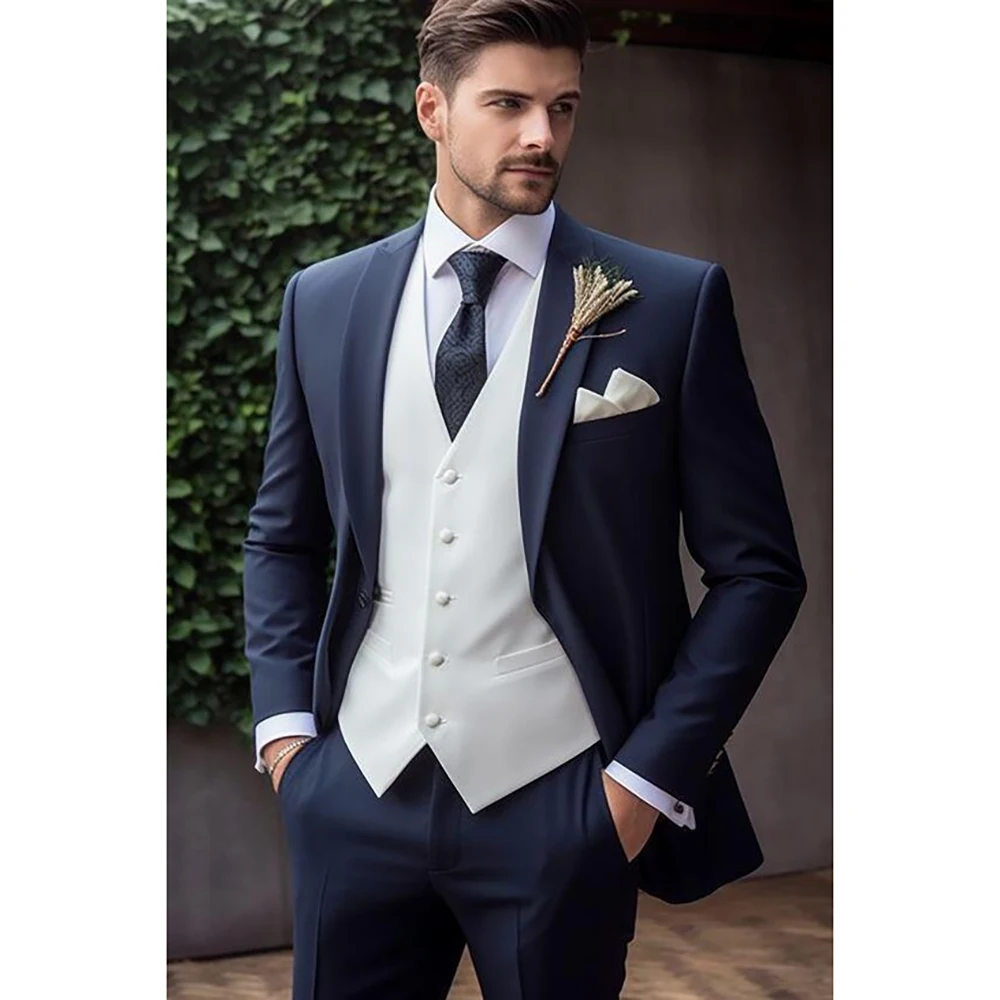 

High Quality Slim Single Breasted Men Tuxedo 3 Pieces Blazer+Pants+Vest Handsome Wedding Formal Work Causal Tailored Set