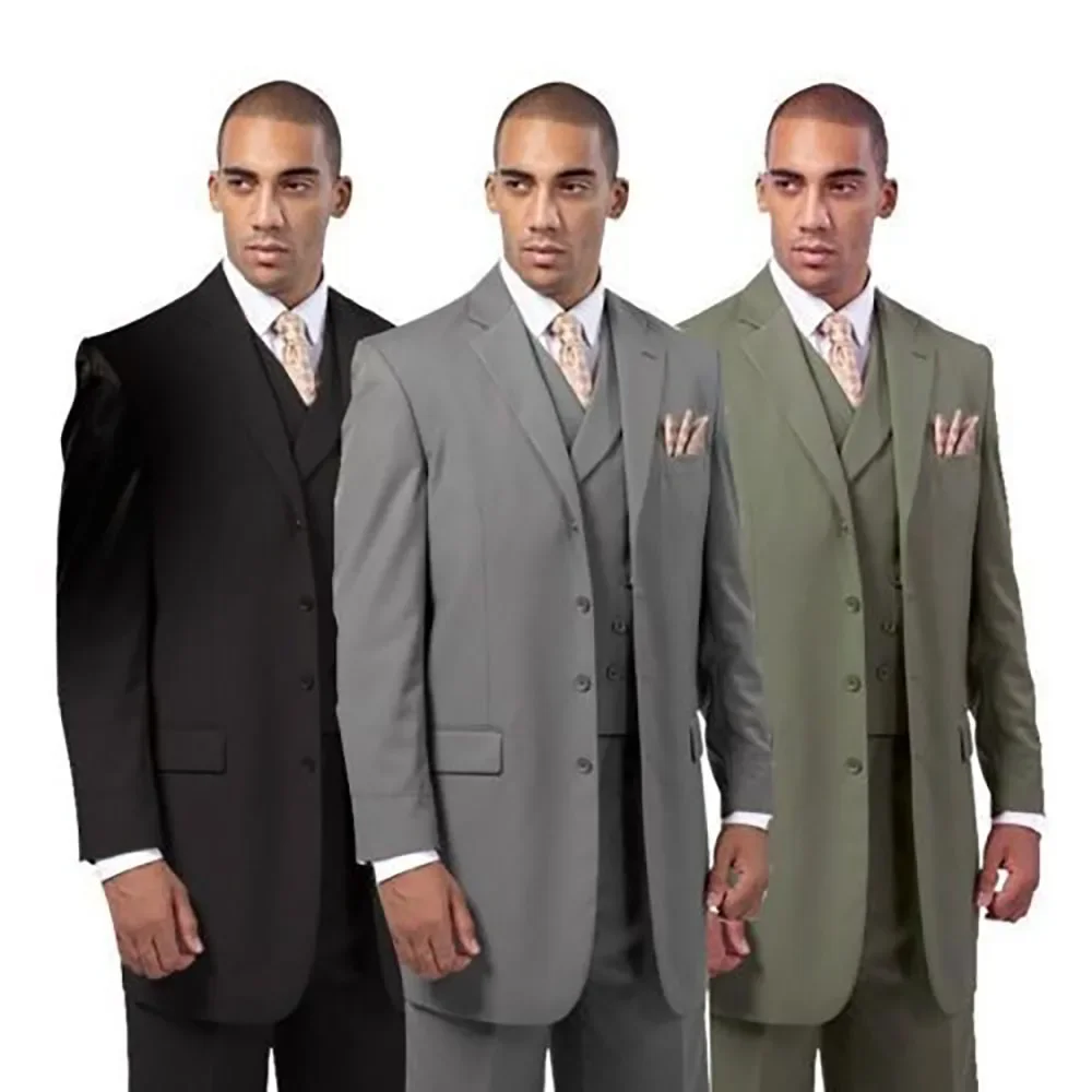 

High End Men's Suits Solid Color Casual Loose Blazer Single Breatsed Notch Lapel Long Coat Daily 3 Piece Jacket Pants Vest Set