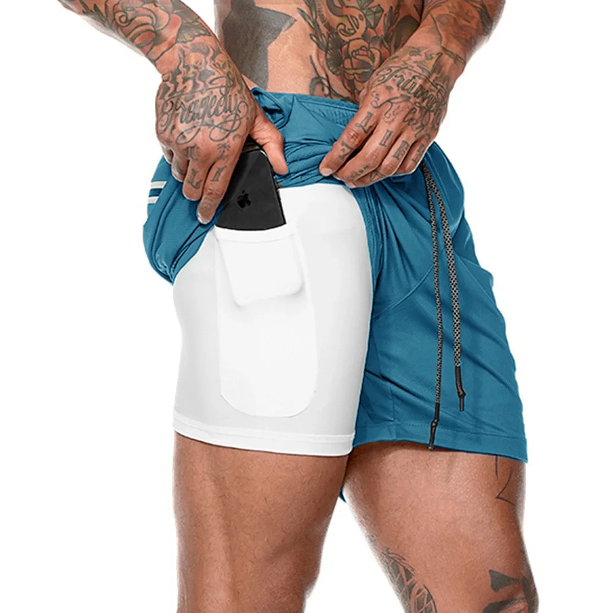 New Gym Sports Men Fitness Shorts Double Layer Phone Pants Jogging Sports Gym Training Shorts Quick-drying Men Clothing