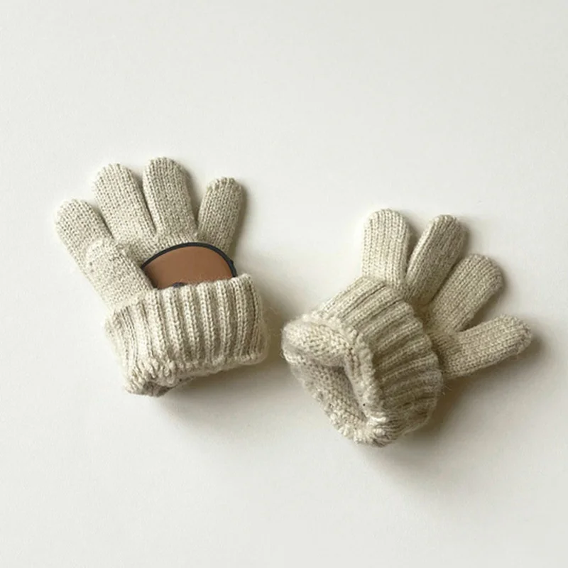 Winter Baby Gloves Cartoon Bear Woolen Five Fingers Gloves for Girls Infant Boys Cashmere Warm Kids Accessories 3-7 Years Old