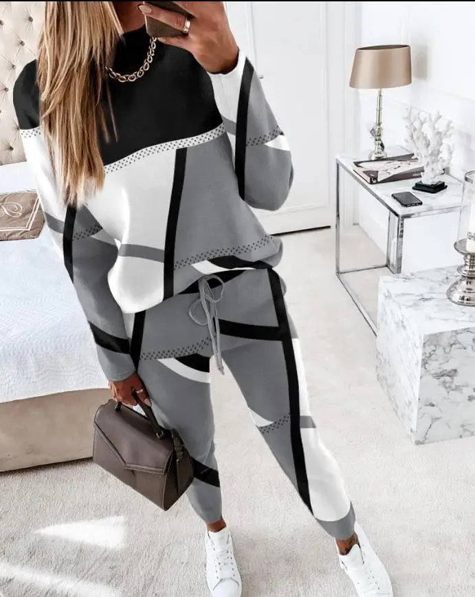 Two Piece Sets Womens Outifits Casual Geometric Print Long Sleeve O-neck Top Pullover & Fashion Drawstring Pants Set Streetwear