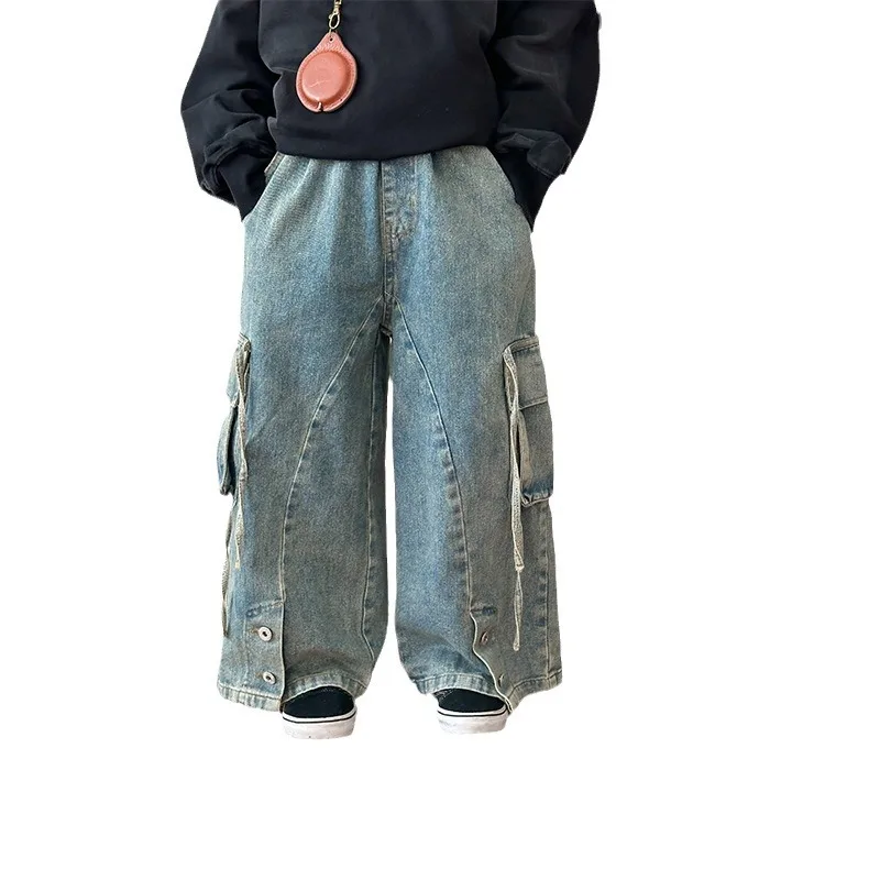 Children Clothing Kids Casual Pants 2024 Spring New Fashionable Korean Style Denim Overalls Boys Girls Vintage Wide-leg Pants