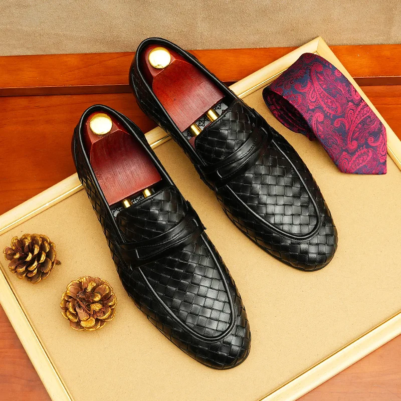

Luxury design Square Head Black Brown Weave Genuine Leather Mens Shoe Handmade Oxford Lacing Flats men shoes