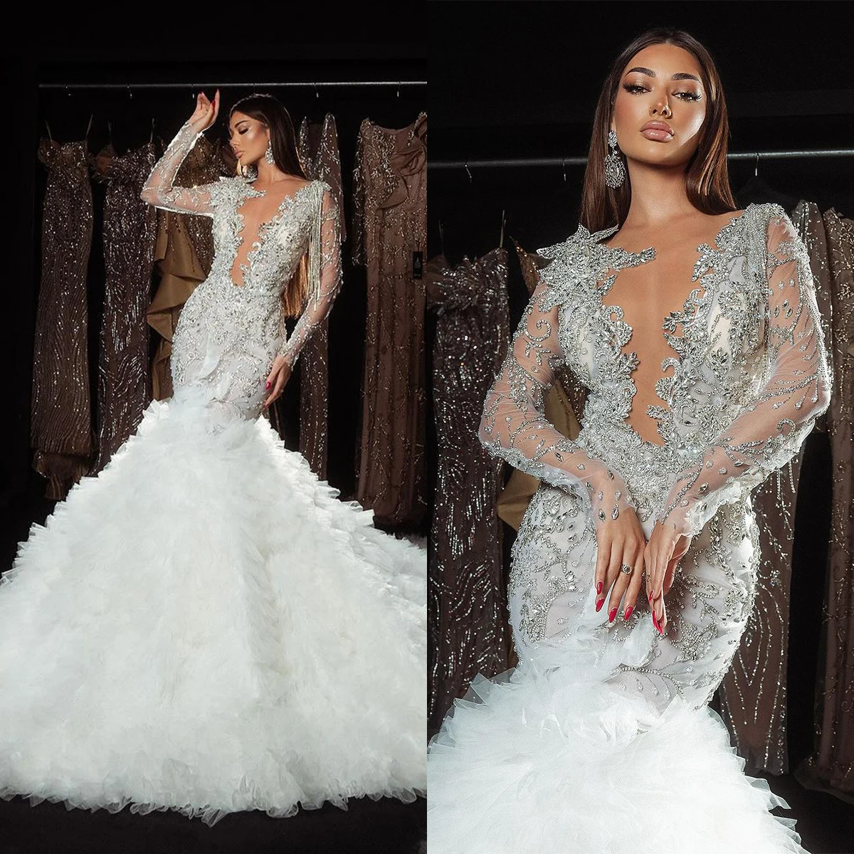 

Gorgeous Mermaid Wedding Dresses Sexy V Neck Long Sleeve Applique Lace Bridal Gowns Custom Made Sweep Train Robe De Mariee