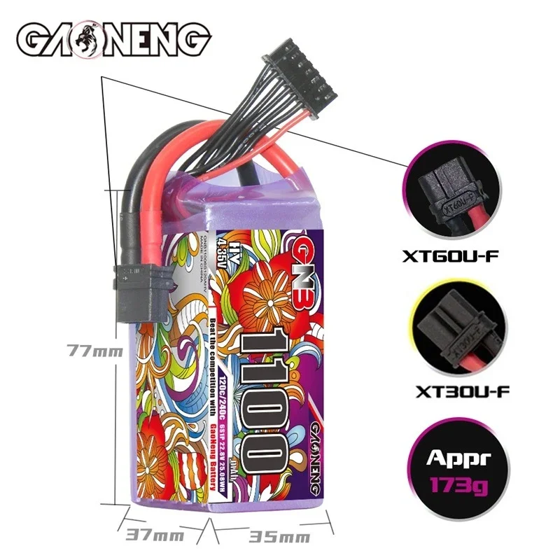 

GNB 6S 22.8V 1100mAh 120C HV Lipo Battery For FPV Racing Helicopter Drone High Power Long Fly Times 22.8V Battery With XT30/XT60