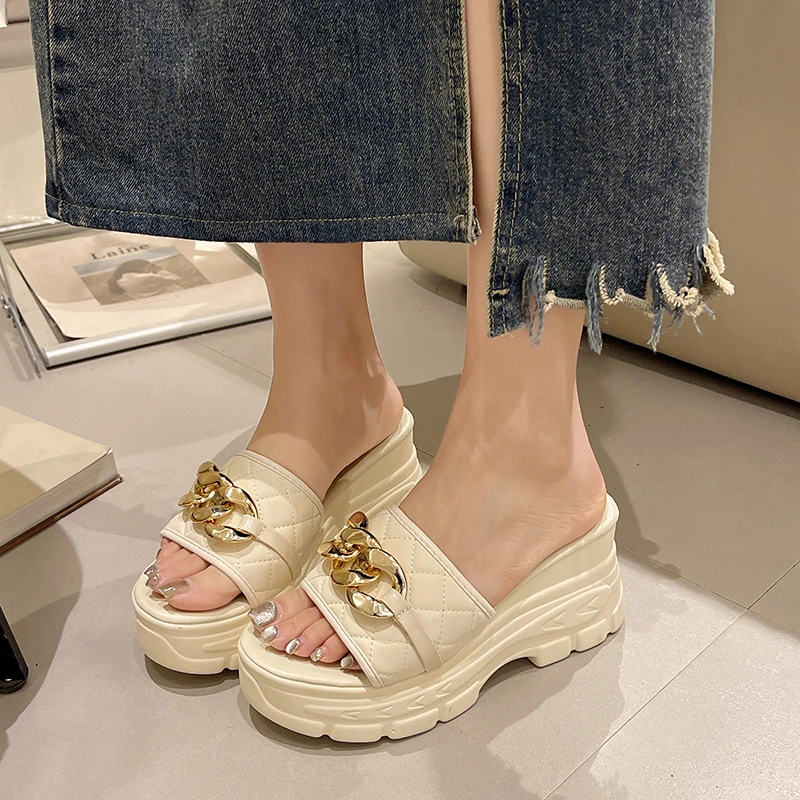 Women Sandals Chain Wedges Slippers High Heels Shoes Summer Luxury Open Toe Flip Flops Beach Pumps Mujer Slides