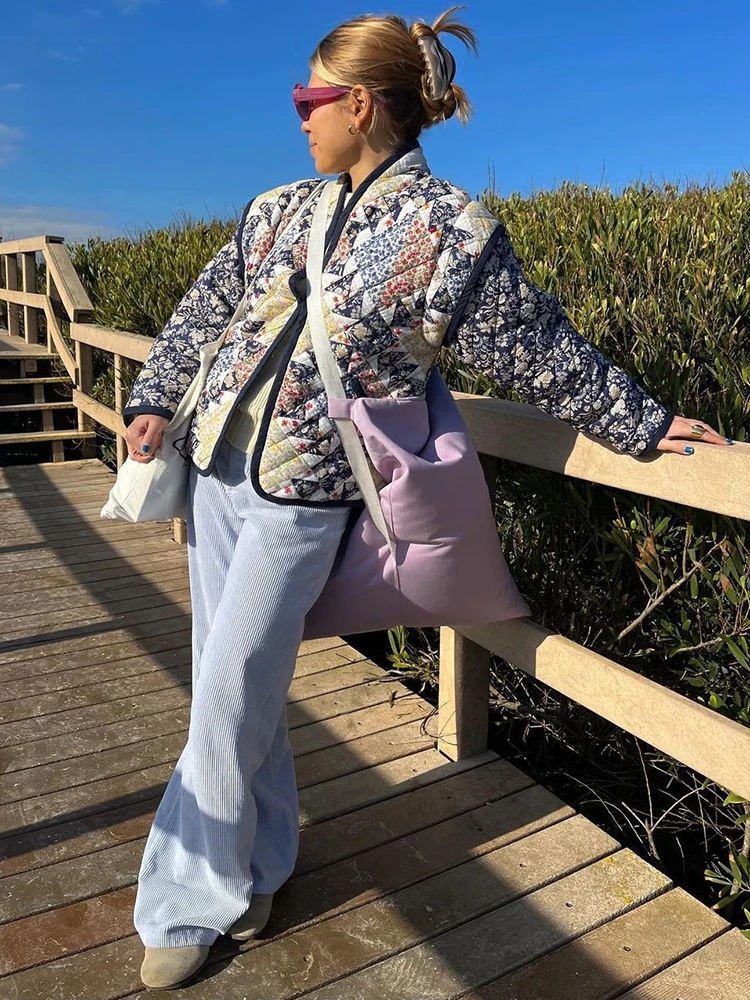 

Fashion Print Patchwork Cotton Cardigan For Women Long Sleeve Stand Collar Thick Warm Jacket Coat 2023 Autumn Loose Outerwear