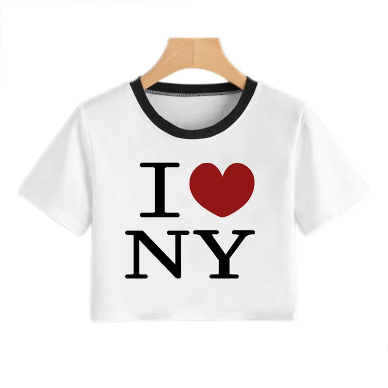 I ❤️ NY クロップド Tシャツ　白 I love ny-女性用半袖tシャツ,ストリートウェア,原宿,ファッショ