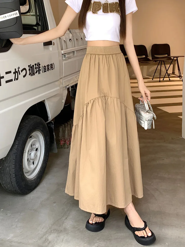

Women Solid Elastic Waist Pleated Skirt Summer Elegant Office Skirts Womens Slim A-line High Elastic Waist Long Skirts Fashion