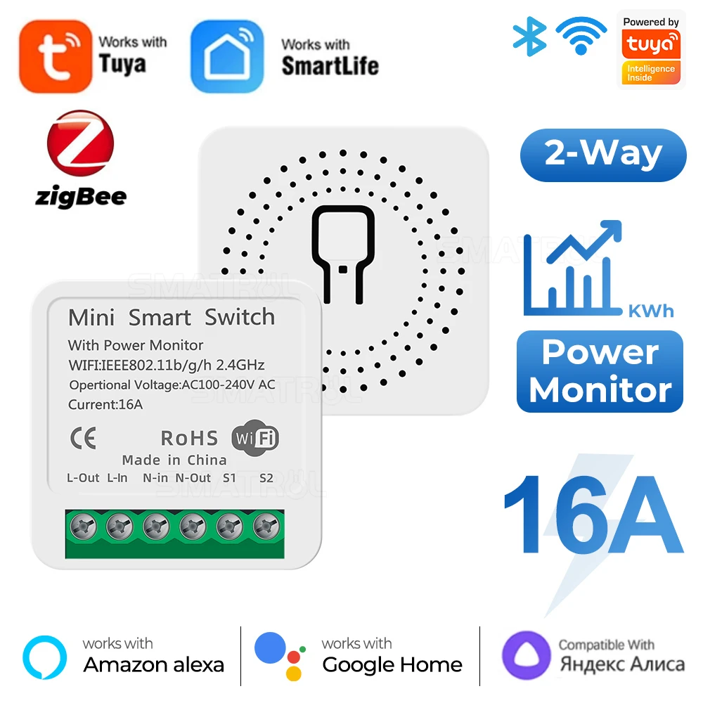 Zigbee WiFi Mini Smart Switch Relay Module 2 Way Dual-Mode Control 16A  Switch for Smart Home Automation, Compatible with Alexa Google Home