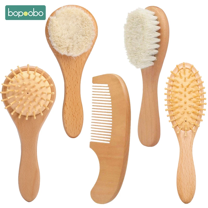 Bopoobo Baby Hair Brush Pure Natural Wool Baby Beech Wooden Brush Hair Comb Massage Sets For Kids Care Grooming Tools hair brush comb baby hair comb