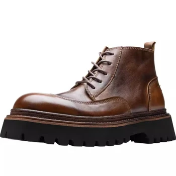 British Thick-Soled Riding Boots Men's Genuine Leather Outdoor Casual Platform Motorcycle Boots Male Shoes Cowhide Ankle Boots