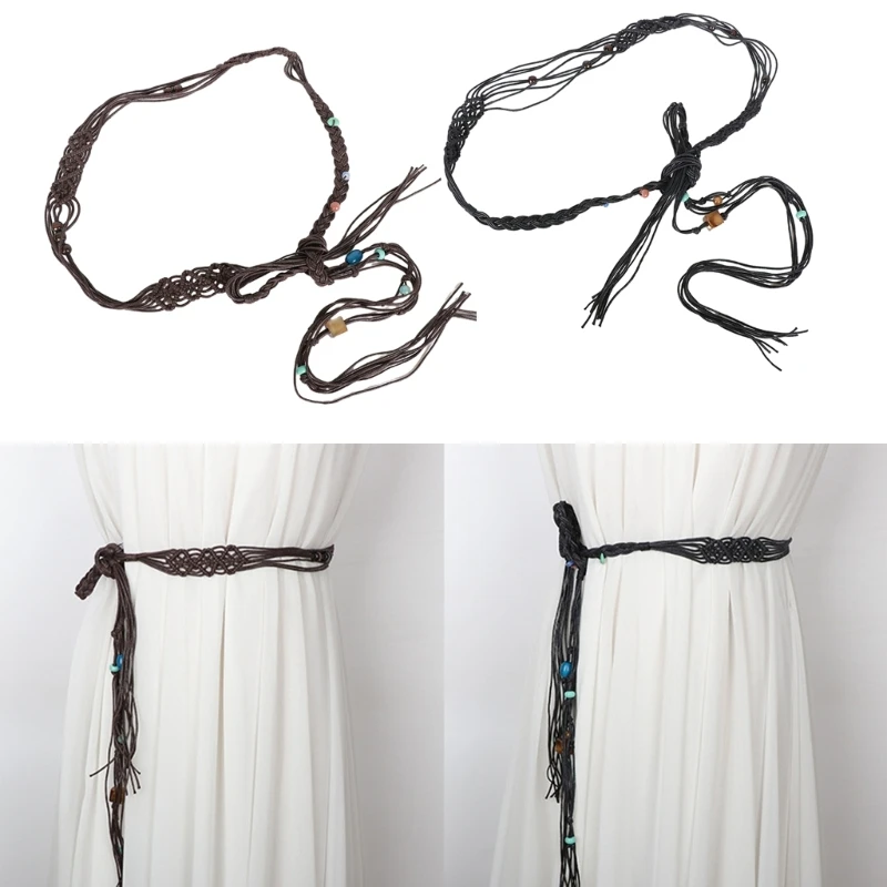 

Ladies Bohemian Wide Waist Belt Delicate Beads Decors Braided Belt for Summer Dress Women Dress Taking Photo Waist Belt