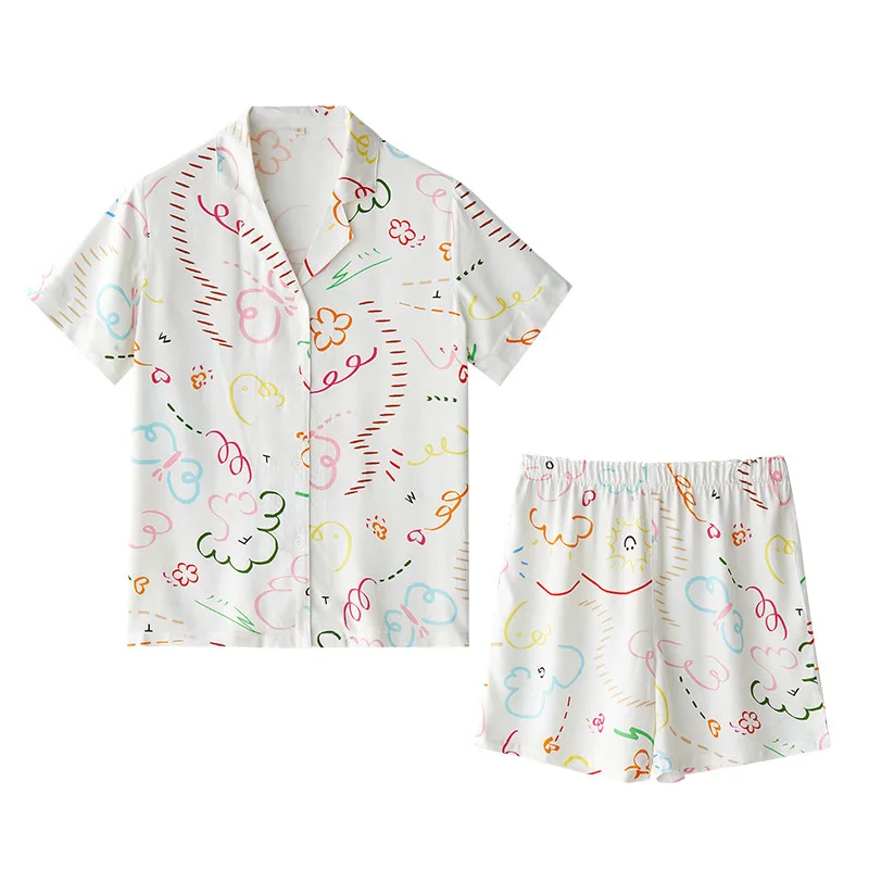 

Cotton Ladies Homewear Suit Printed Short-sleeved Shorts Pajamas for Women Cotton Lounerwear Sets Pajama Shorts Women Clothes