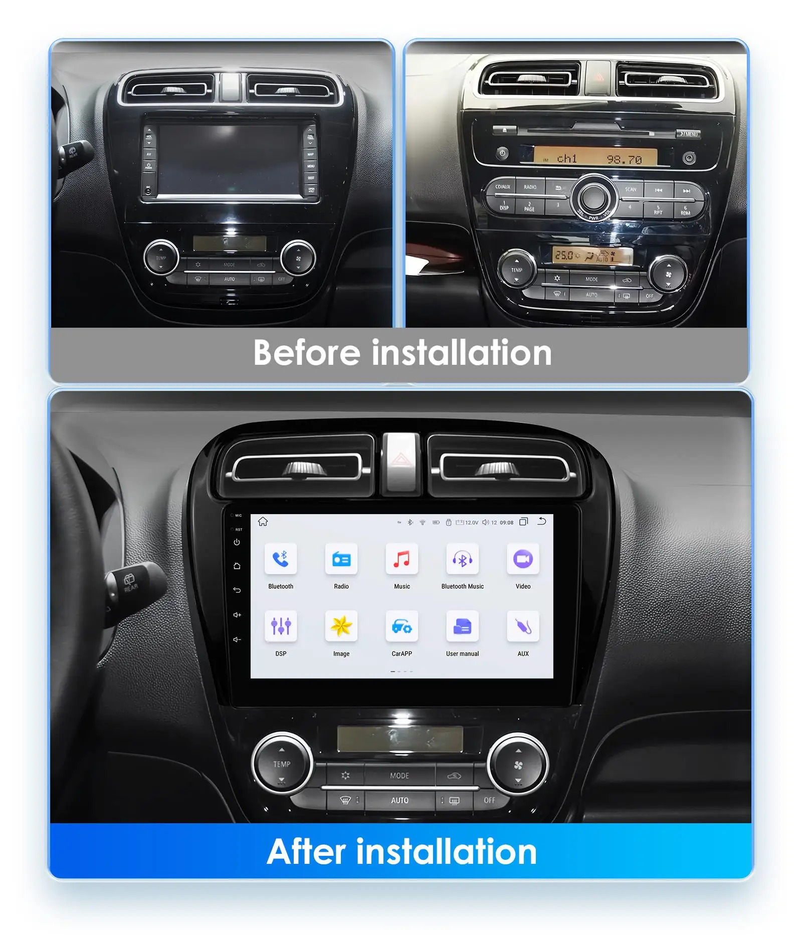 Hizpo Radio de coche inalámbrico CarPlay Android Auto de 9 pulgadas para MITSUBISHI Mirage Spacestar Attrage 2012-2018 Dodge Attitude Multimedia Apple CarPlay inalámbrico Sistemas inteligentes Pantalla táctil IPS Reproductor de vídeo estéreo 2 Din Autoradio Unidad principal Navegación BT 2