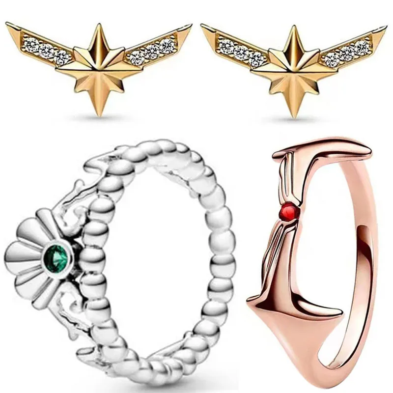 

Authentic 925 Sterling Silver Rose Golden Shine Crown Badge With Crystal Earring Ring For Women Birthday Gift Fashion Jewelry