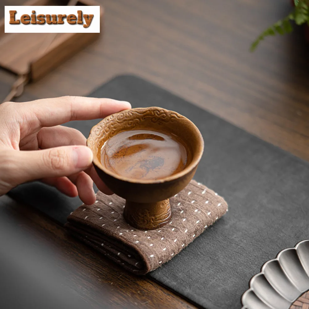 2pc/lot Retro Sauce Glazed Coarse Pottery Teacup Old Rock Mud Master Cup High Feet Meditation Cup Chazhan Mugs Kung Fu Tea Set