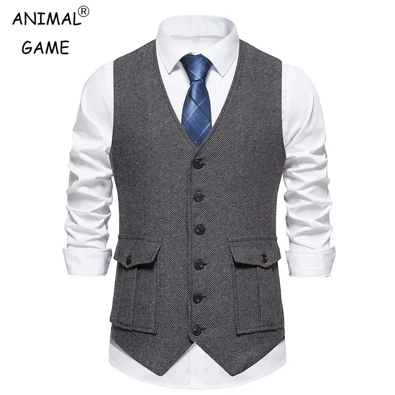 Mens Vintage Suit Vest V Neck Casual Wool Waistcoat for Wedding Groomsmen dress vests