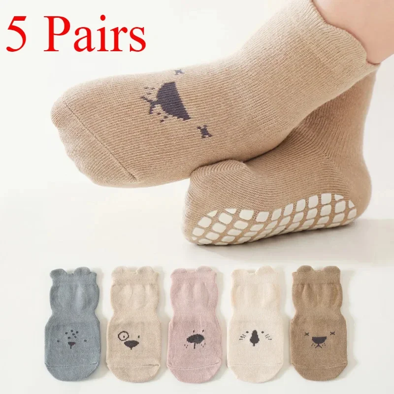 3/5 Pairs Baby Adorable Animals Pattern Non Slip Floor Socks, Breathable Casual Socks for Boys and Girls Kids Indoor Activities 2