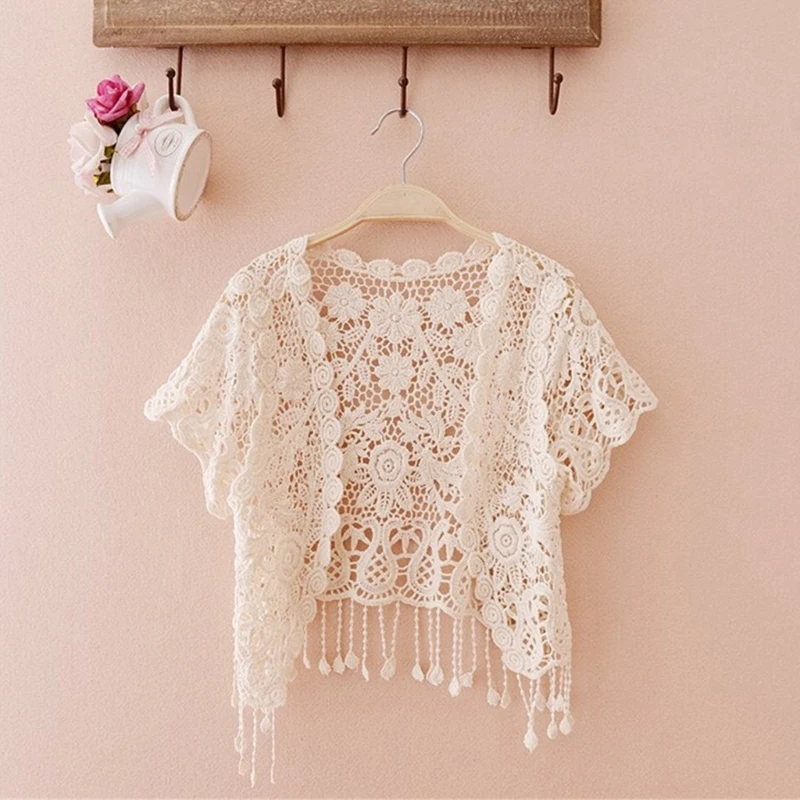 

Womens Tassels Lace Shrug Cardigan with Short Sleeve Sheer Crochet Floral Open Front Crop Jackets for Evening Dresses