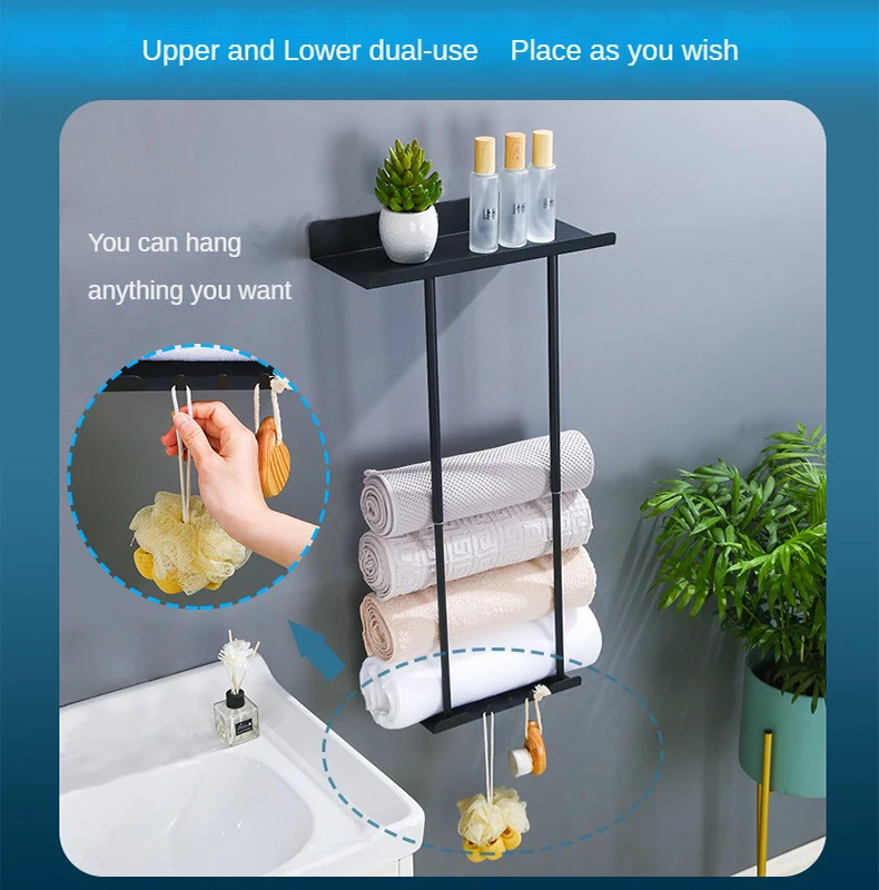 Description Picture 5 of itemRetractable Towel Rack Bathroom Accessories Wall Mount Bath Towel Shelf With Hook Black Carbon Steel Shower-room Storage Shelves