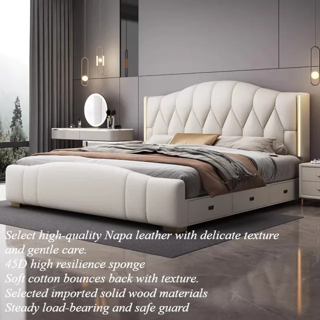 Lit Queen Size Unique avec Tête de Lit Minimaliste et Luxueuse, Lit avec Rangement, Rembourré, Cama De Lujo Para Dormitorio, Accessoires de Chambre à Coucher 1