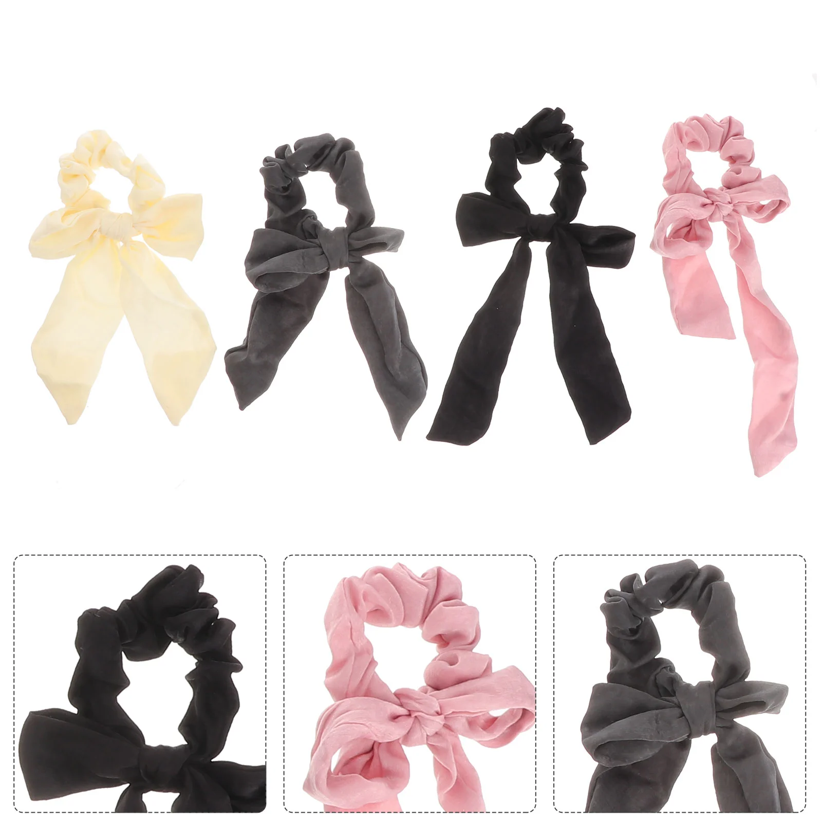 

4 Pcs Hair Ribbons Satin Tie Bowknot Ponytail Holder Silk Elastic Band European American