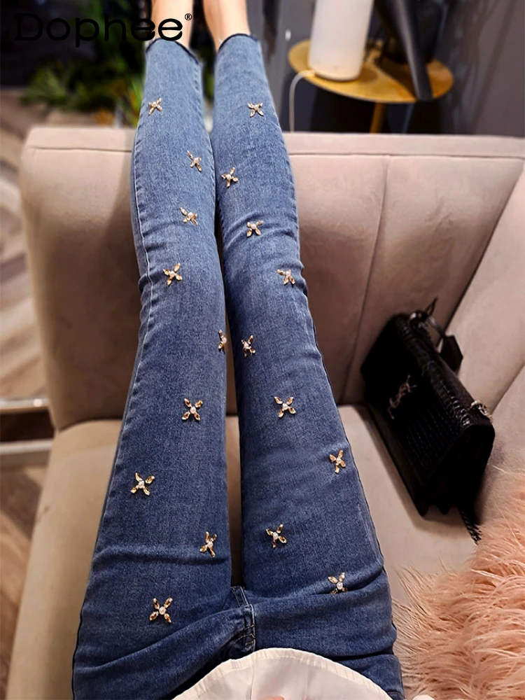 

Fashion Brand Beaded Flower Cropped Jeans Female 2024 Spring and Summer Mid-Waist Slim Fit Rhinestone Pencil Pants Women