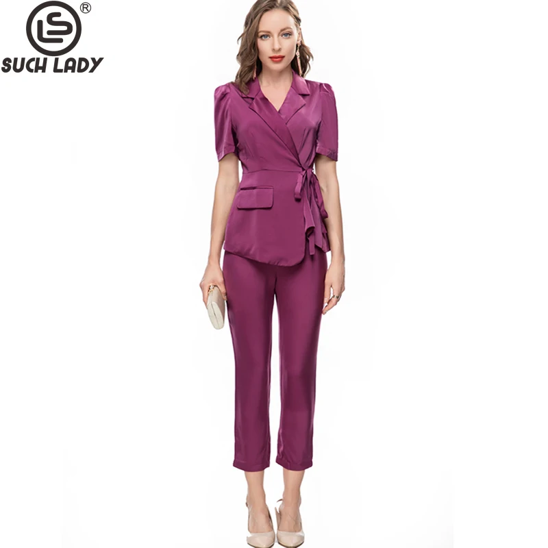 

Women's Runway Two Piece Pants Notched Collar Short Sleeves Lace Up Blouse with Ankle Pant Twinsets Sets